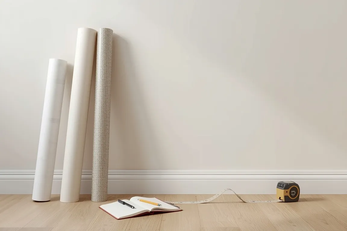 Rollos de papel mural contra un muro vacío con una huincha de medir extendida