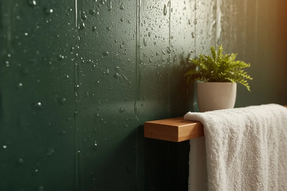 Detalle de papel mural vinílico verde con gotas de condensación en un baño