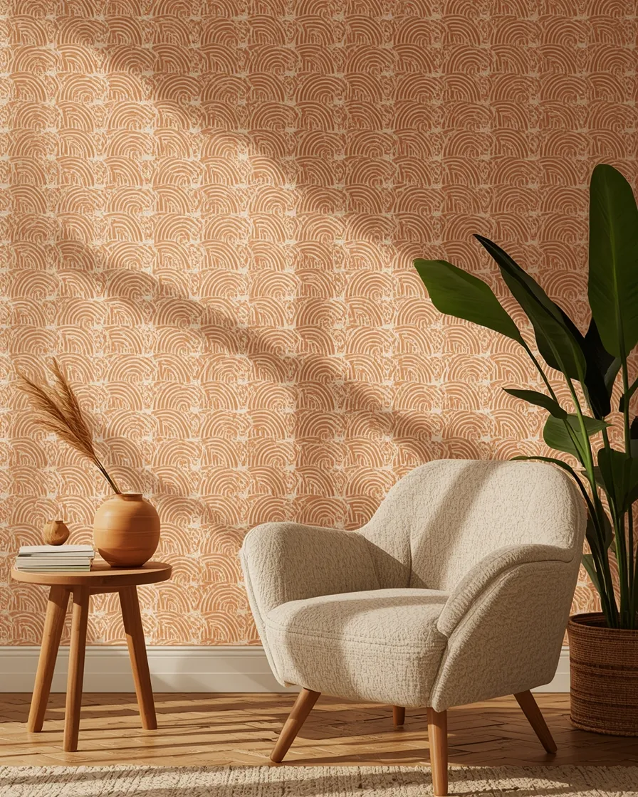 Rincón de lectura con muro de papel mural terracota de arcos y sillón curvo