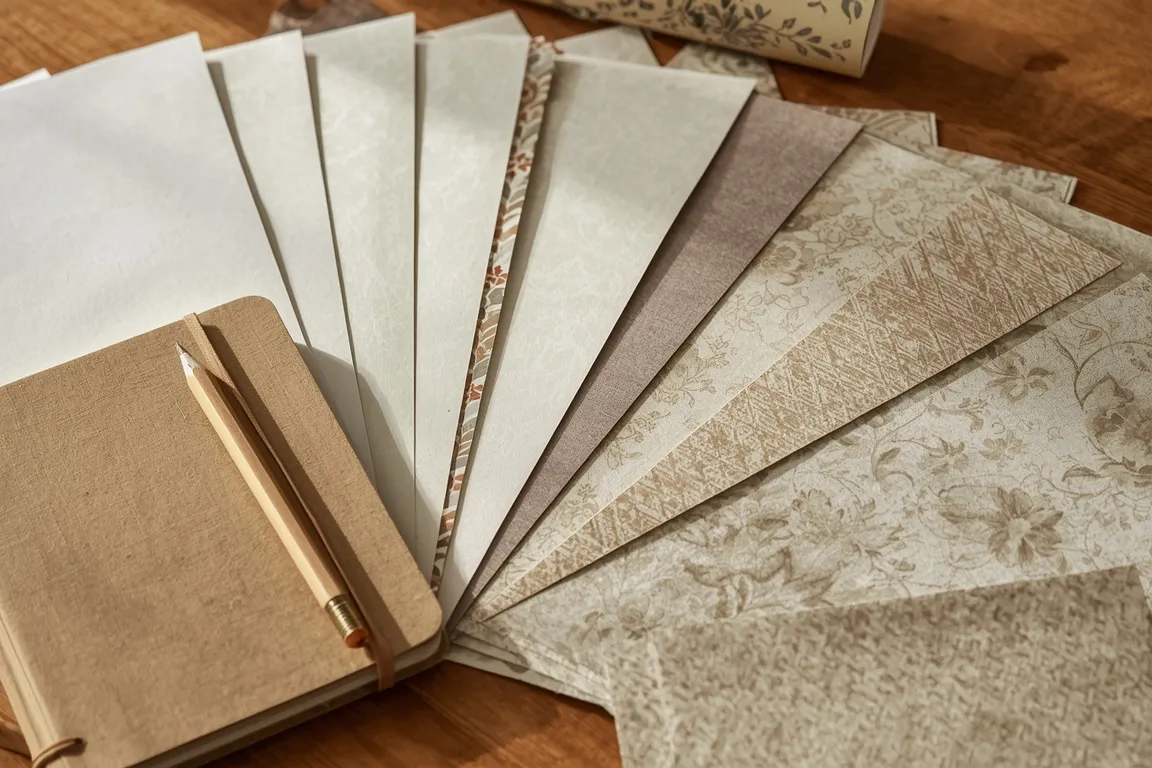 Abanico de muestras de papel mural de distintos acabados junto a una huincha de medir