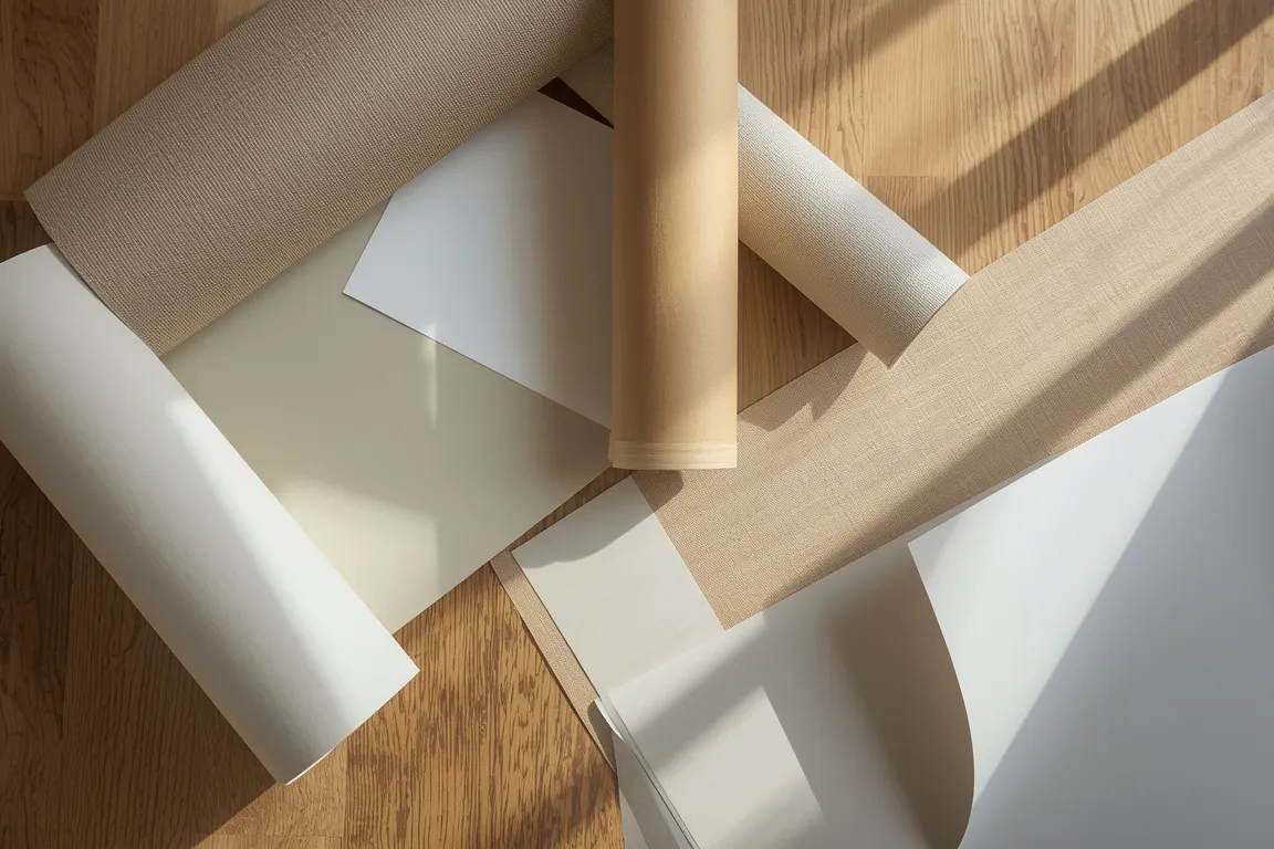 Rollos y muestras de papel mural de distintos materiales sobre un piso de madera